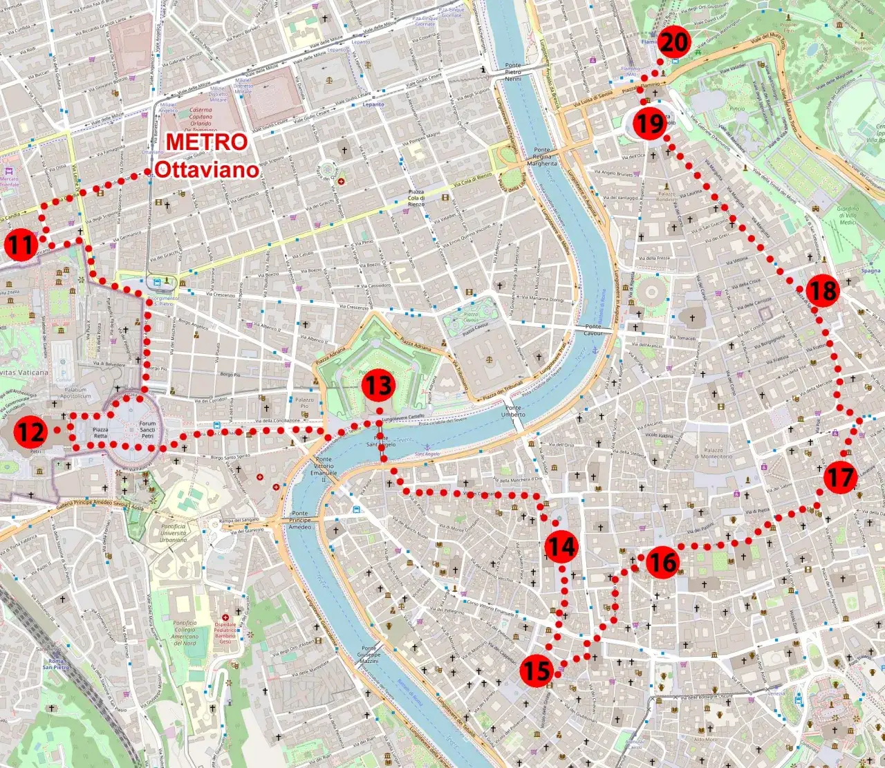 Mapa turystyczna Rzymu z zaznaczonymi dzielnicami