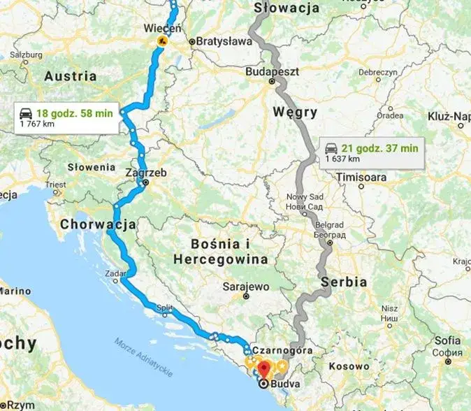 mapa tras polska czarnog&oacute;ra samochodem