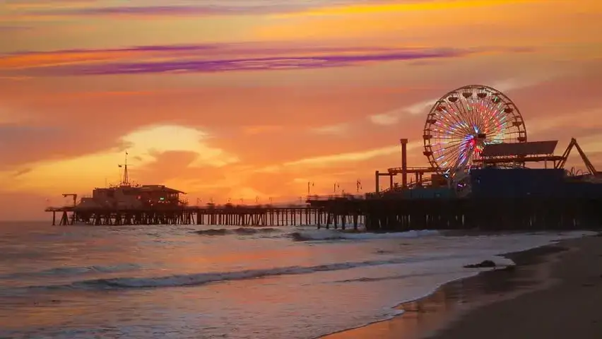 Santa Monica Pier with ferris wheel at sunset