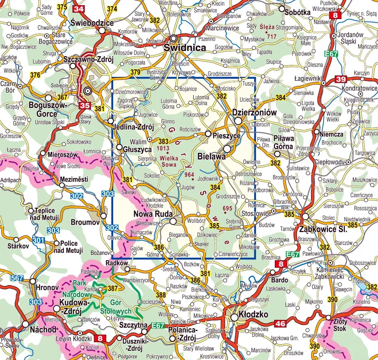 Mapa Gór Sowich z zaznaczonymi miejscowościami noclegowymi