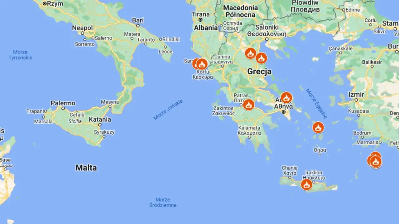 Mapa Rodos z zaznaczonymi obszarami pożar&oacute;w 2023